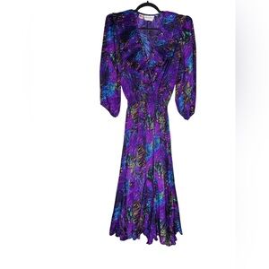 Vintage Susan Freis Purple Abstract Midi Dress Sz Small USA Made Smocked Pleated